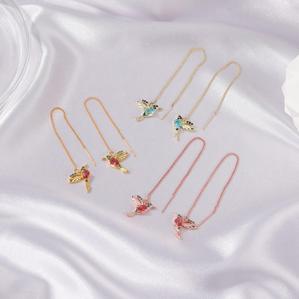 Fashion Accessories New Personalized Bird Droplet Long Hanging Hummingbird Earrings for Ladies Elegant Girls Tassel Crystal Pendant Earrings Jewelry